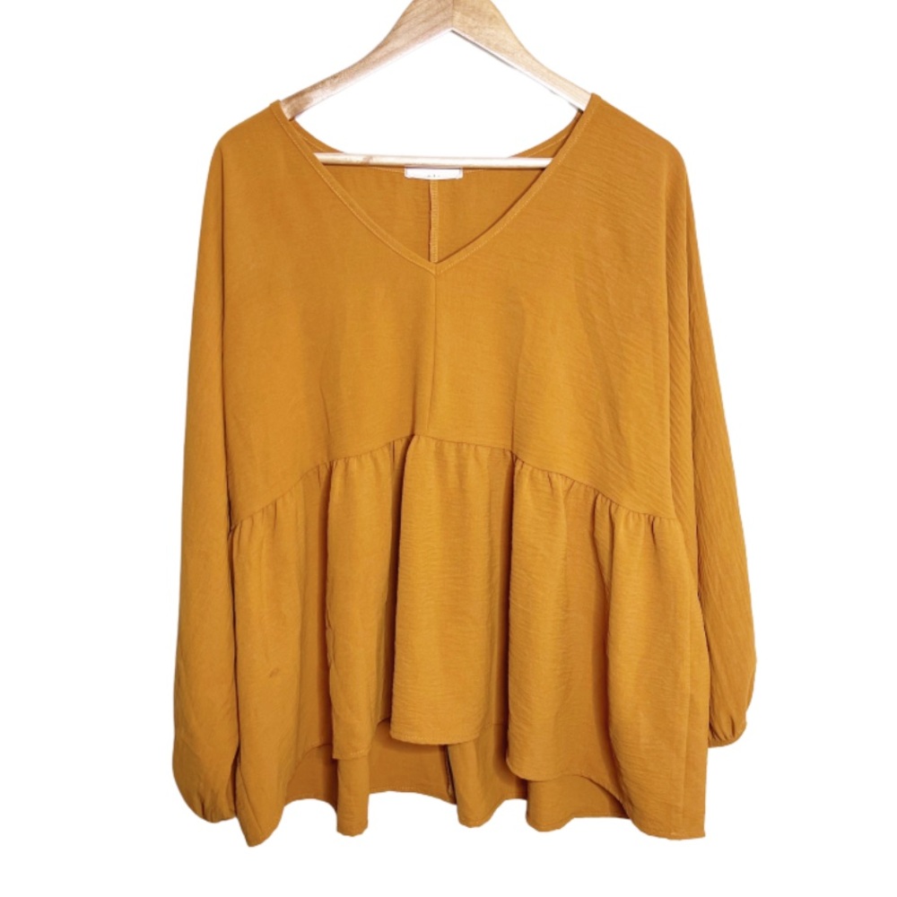 Entro Mustard Gold V-Neck Peplum Babydoll Long Sleeve Women's Blouse